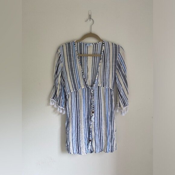 Blue Island Size XS Striped Cover-Up W/ Tassel Trim Sleeves White/Blue/Yellow - Picture 1 of 8